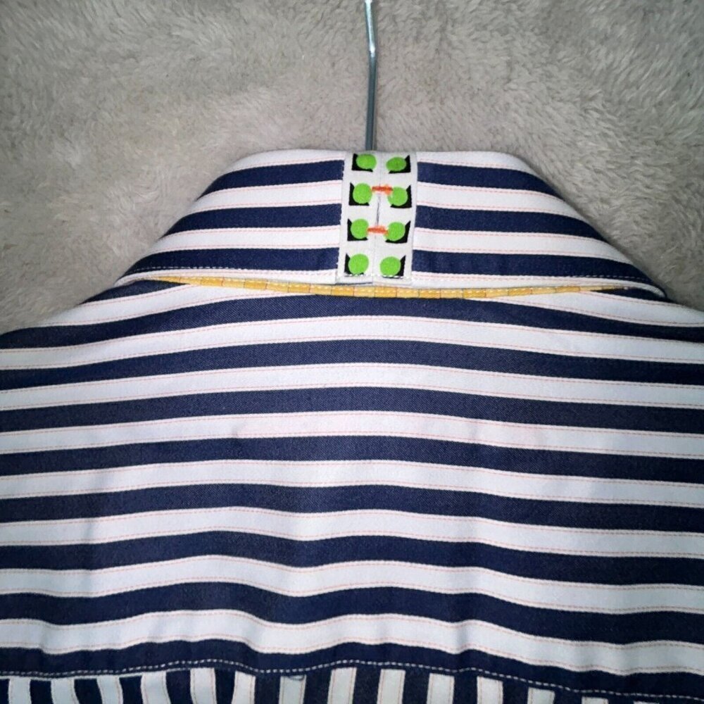 Robert Graham L Shirt Mens Large Navy Blue Striped Pink Flip Cuff Green Trim 100 - Picture 10 of 11